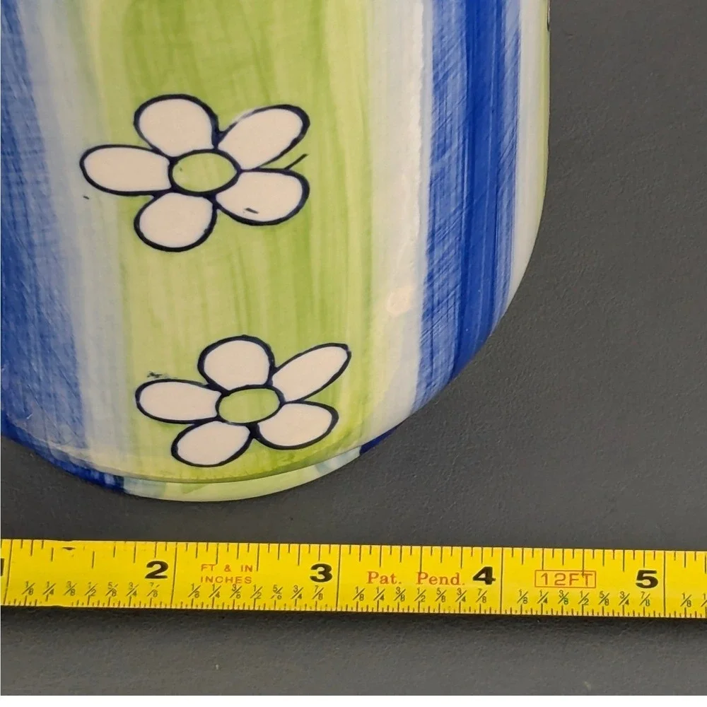 Hand Painted Ceramic Floral Vase Blue Green Striped Daisy Pottery 8 Inch